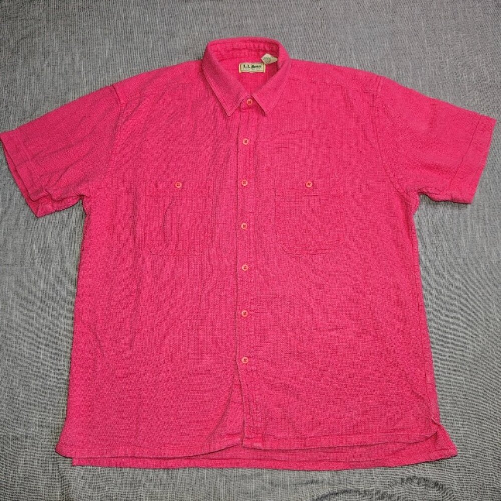 LL Bean Cool Weave Shirt Size Large Pink Short Sleeve Knit Button Down Cotton